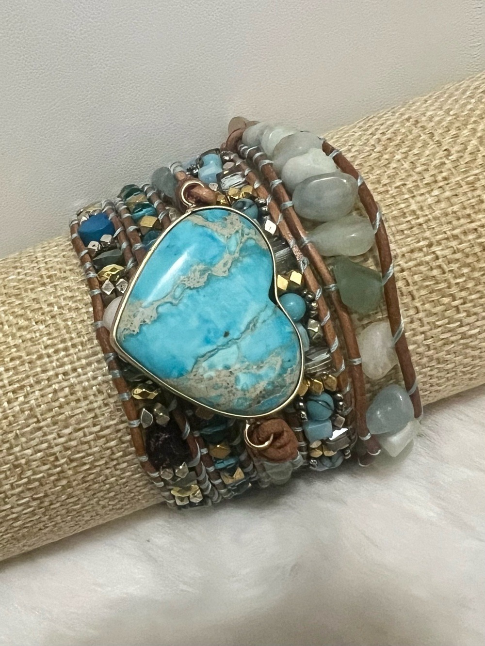 Turquoise Heart Long Synthetic Gemstone Wrap Bracelet